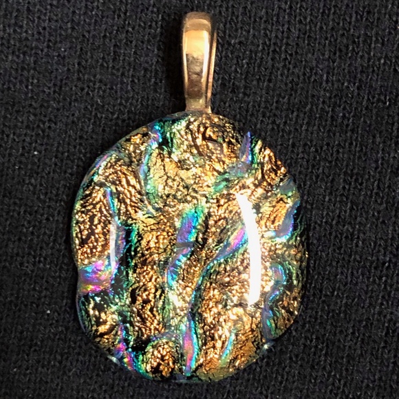 Hand Crafted Jewelry - Dichroic Fused Glass Pendant Cabochon Necklace NEW